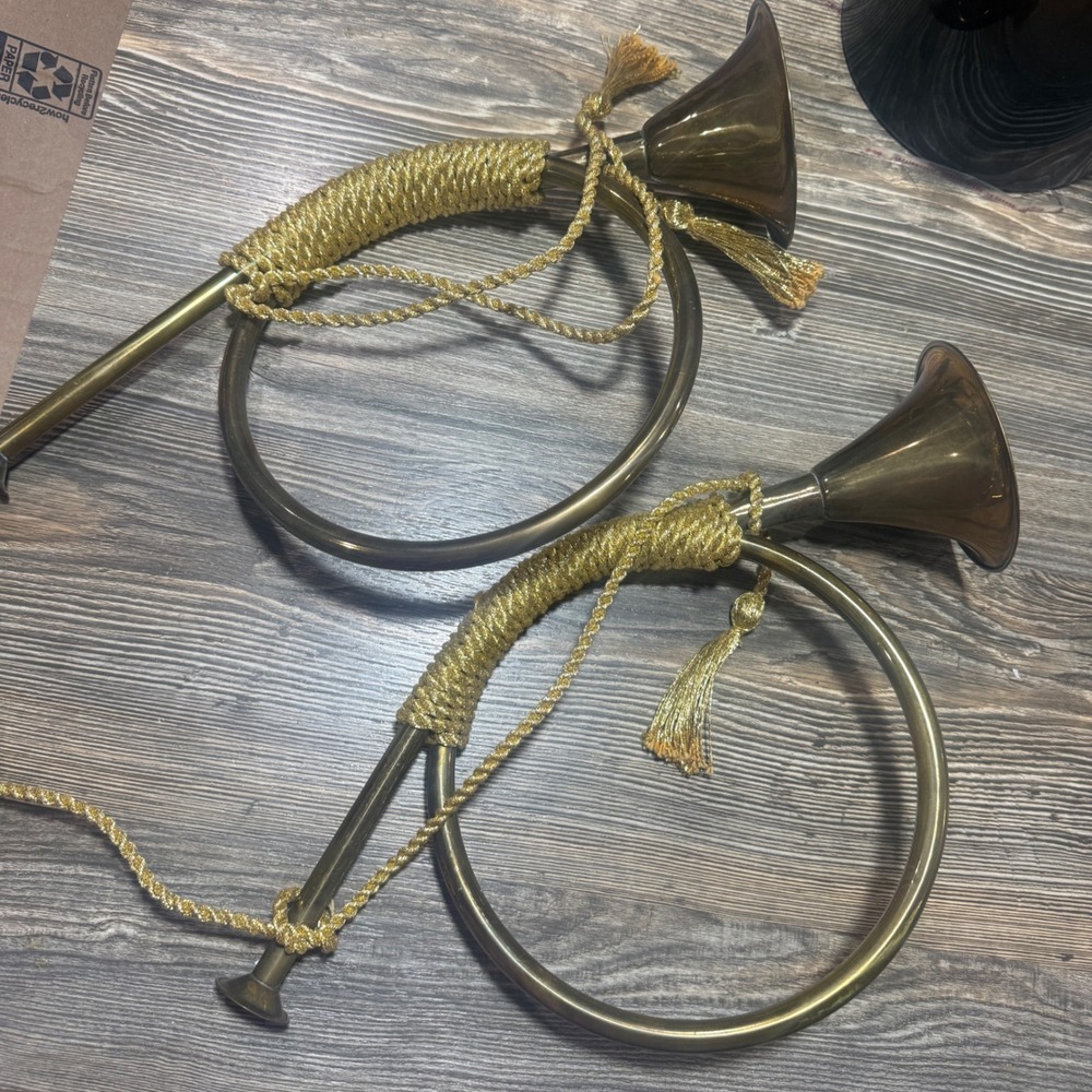 Vintage Brass Bugle Horn Set of 2 Decorative Tassel Gold Cord Christmas Decor